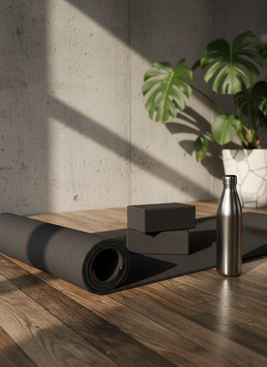 A minimalist vegan yoga and recovery corner staged against a raw concrete wall, featuring a deep charcoal cork yoga mat unrolled precisely, a pair of matte black cork blocks, and a large monstera plant in a cracked white ceramic pot. Beside the mat, a brushed steel water bottle beads with condensation, resting on a reclaimed wood plank floor with visible grain and imperfections. Late afternoon window light slices across the scene at an angle, creating dramatic diagonal shadows and highlighting the textures of cork, concrete, and leaves. Captured from a low, almost ground-level perspective using rule-of-thirds composition, the foreground mat edge is crisp while the background plant is gently blurred. The overall mood is grounded, edgy, and focused, with photographic realism and a clean, urban wellness aesthetic.