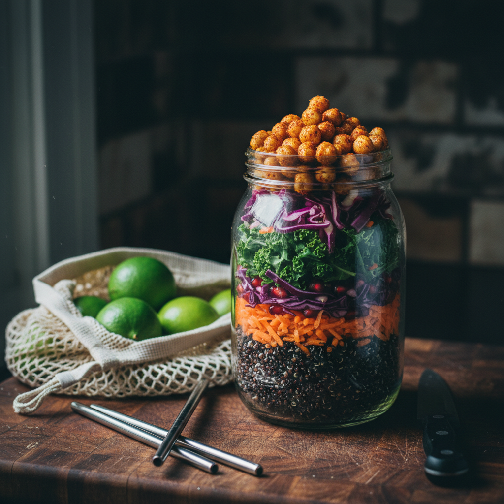 A zero-waste, punk-inspired vegan kitchen counter, featuring a large glass jar packed with vibrant layered salad: black quinoa, shredded purple cabbage, neon-orange grated carrot, emerald kale, and ruby pomegranate seeds, all crowned with toasted chickpeas dusted in smoked paprika. Surrounding it are reusable elements: a stained cotton produce bag spilling limes, a set of brushed metal straws, and a black-handled chef’s knife resting on a scarred wooden cutting board. Cool, diffused window light from the left creates soft reflections in the glass and emphasizes the layered textures, while the dark tiled backsplash recedes into moody shadow. Shot at eye-level with a slight angle, the jar is the clear focal point, with a subtle depth of field separating it from the background clutter. The vibe is rebellious sustainability in crisp photographic realism with a gritty, eco-conscious edge.