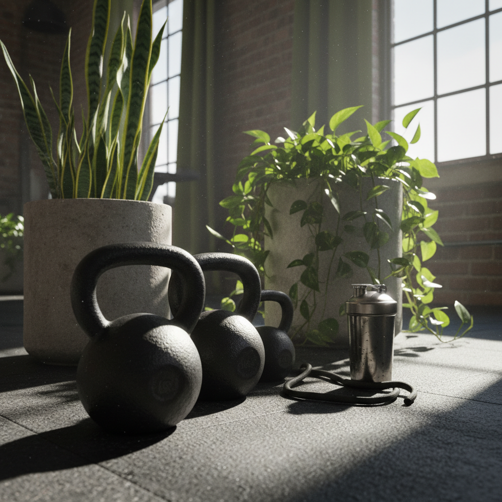 A compact, hardcore vegan home gym nook where plants and iron collide: a set of matte black kettlebells lined up on a scuffed rubber floor, flanked by overflowing concrete planters of snake plants and trailing pothos that spill leaves toward the equipment. A worn, folded black resistance band and a stainless steel shaker embossed with subtle scratches rest nearby. Harsh, directional light from a single industrial-style window rakes across the scene, creating long, dramatic shadows and crisp highlights along the kettlebell handles, with dust motes subtly visible in the air. Captured at a low, three-quarter angle, the front kettlebell dominates the frame while the greenery softens the background in gentle blur. The mood is raw, determined, and slightly industrial, in high-contrast photographic realism that merges strength training with wild plant energy.