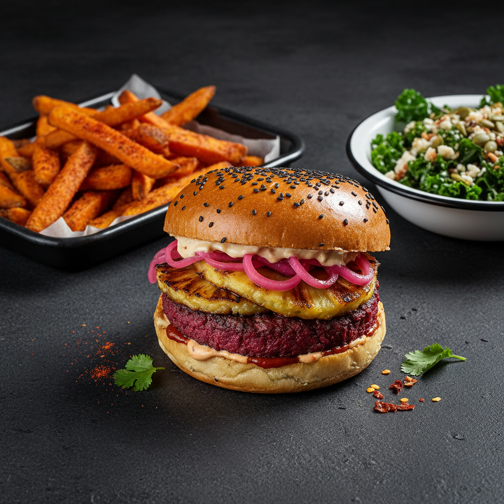 A rebellious vegan feast laid out on a matte black concrete table: a towering burger stacked with a beetroot patty, charred pineapple, neon-pink pickled onions, and a glossy brioche-style gluten-free bun, flanked by enamel trays of crispy sweet potato fries dusted with smoked paprika and a bowl of vibrant kale salad with pumpkin seeds. Overhead, cool diffused studio lighting carves sharp highlights into the glossy sauces and moist textures, casting bold shadows that amplify the drama. Shot from a slightly elevated three-quarter angle with shallow depth of field so the front burger is in razor focus while the rest falls into a soft bokeh. The mood is unapologetic, bold, and high-contrast, with photographic realism and a gritty, urban editorial aesthetic.