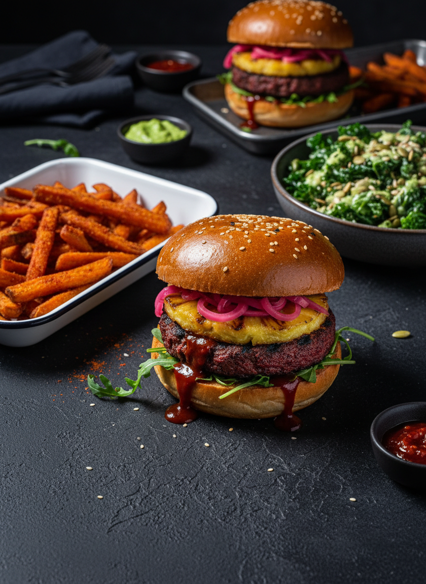 A rebellious vegan feast laid out on a matte black concrete table: a towering burger stacked with a beetroot patty, charred pineapple, neon-pink pickled onions, and a glossy brioche-style gluten-free bun, flanked by enamel trays of crispy sweet potato fries dusted with smoked paprika and a bowl of vibrant kale salad with pumpkin seeds. Overhead, cool diffused studio lighting carves sharp highlights into the glossy sauces and moist textures, casting bold shadows that amplify the drama. Shot from a slightly elevated three-quarter angle with shallow depth of field so the front burger is in razor focus while the rest falls into a soft bokeh. The mood is unapologetic, bold, and high-contrast, with photographic realism and a gritty, urban editorial aesthetic.