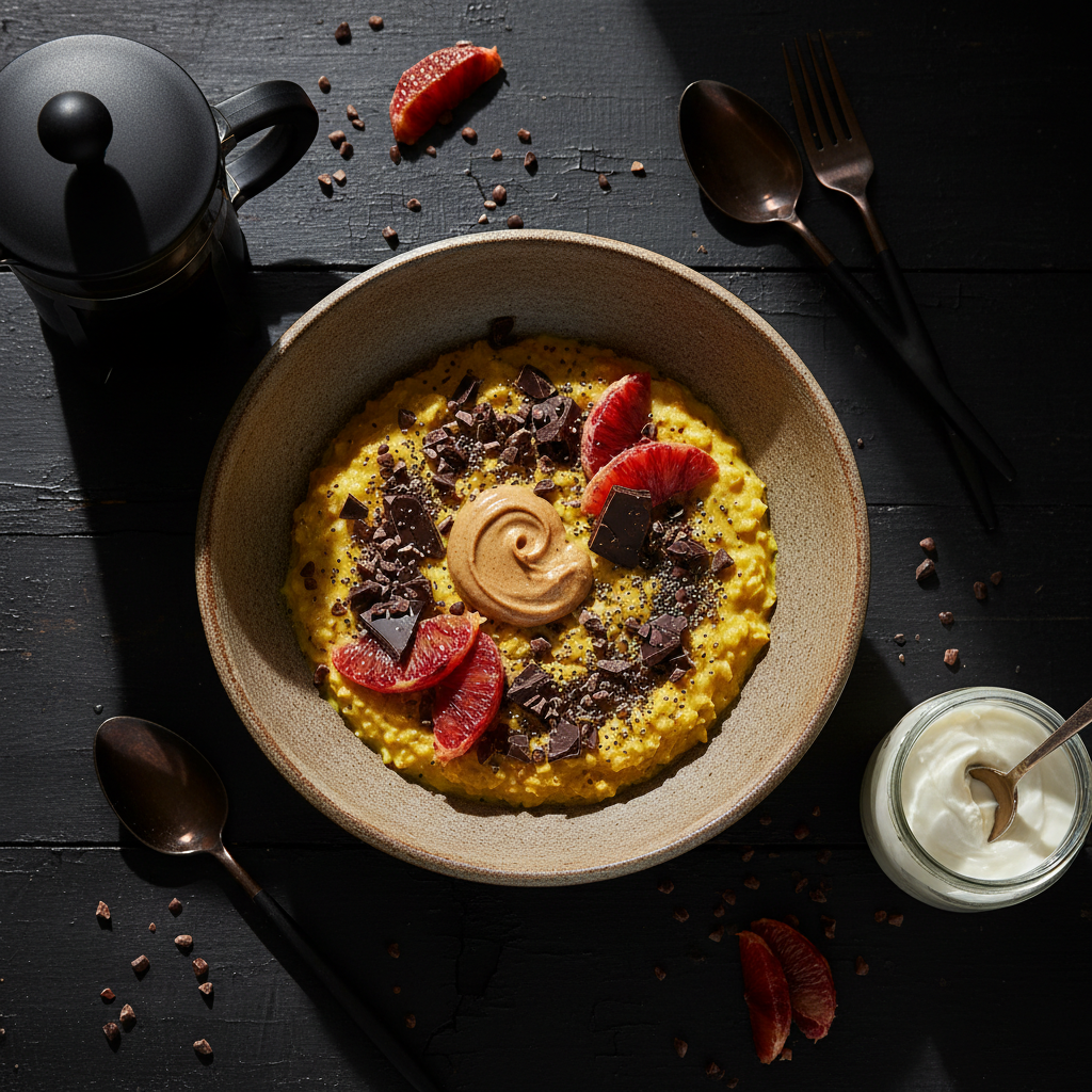 A bold, plant-powered breakfast spread on a distressed black wooden table: a heavy stoneware bowl filled with turmeric-golden overnight oats, topped with spirals of blood orange, shards of dark chocolate, chia seeds, and a defiant swirl of almond butter. Nearby sits a matte onyx French press and a small glass jar of thick cashew cream. Moody side lighting from an unseen window creates deep shadows and sharp highlights, catching the citrus oils and glossy chocolate, leaving the background in soft darkness. Shot from overhead with tight, graphic composition, the circular bowl is centered while utensils and scattered cacao nibs form dynamic diagonals. The atmosphere is intense yet nourishing, with photographic realism, rich color contrast, and a slightly gritty, editorial food styling that screams empowered vegan energy.